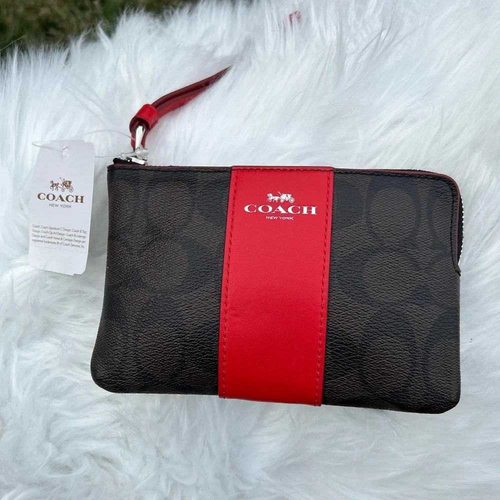Coach Signature brown & red stripe Zip Wristlet New With Tags.  C - Picture 11 of 13